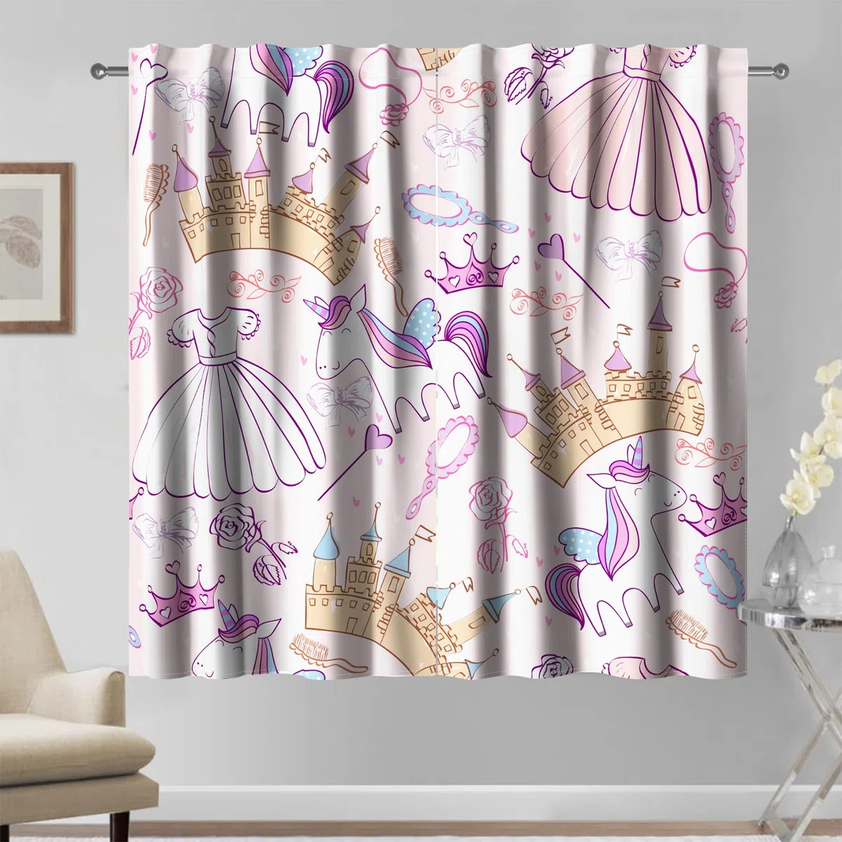 Cortinas para niños de 117x138cm 2 Paneles, diseño de Castillo Rosa Coronas Flores Lazos Dibujos Animados para Dormitorio de niñas, guardería, decoración de Ventanas