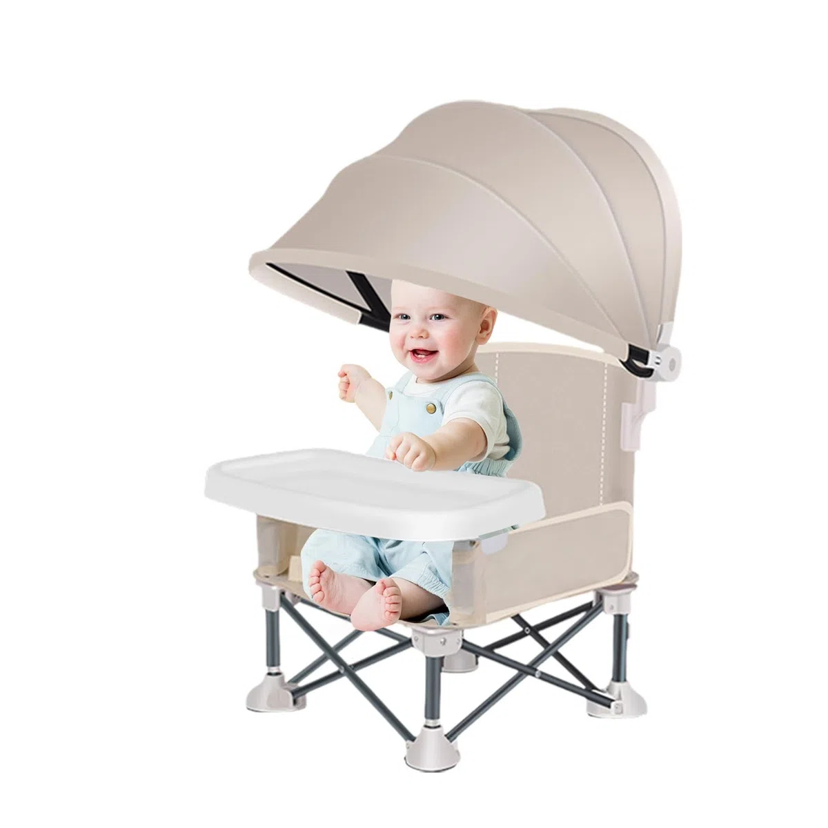 Trona Para Bebé Plegable Con Asiento Elevador, Silla Portátil de Playa Con Bandeja Extraíble y Sombrilla Para Alimentación y Viaje
