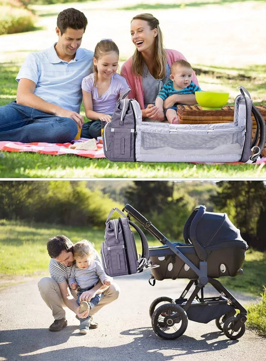 Genérico Mochila de Maternidad con Cuna Portátil Integrada, Bolsa Pañalera Multifuncional Impermeable para Viaje, Gran Capacidad, Organizador Bebé con USB y Cambiador para Mamá y Papá, Gris