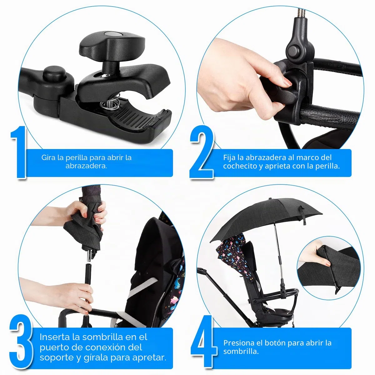 Sombrilla Universal Carrito de Bebé, Protección UV 50+, con Soporte para Tubos Redondos y Ovalados para Sombrilla Cochecito y Silla de Paseo Bebé,Doble Orificio de Sujeción,78cm Diámetro