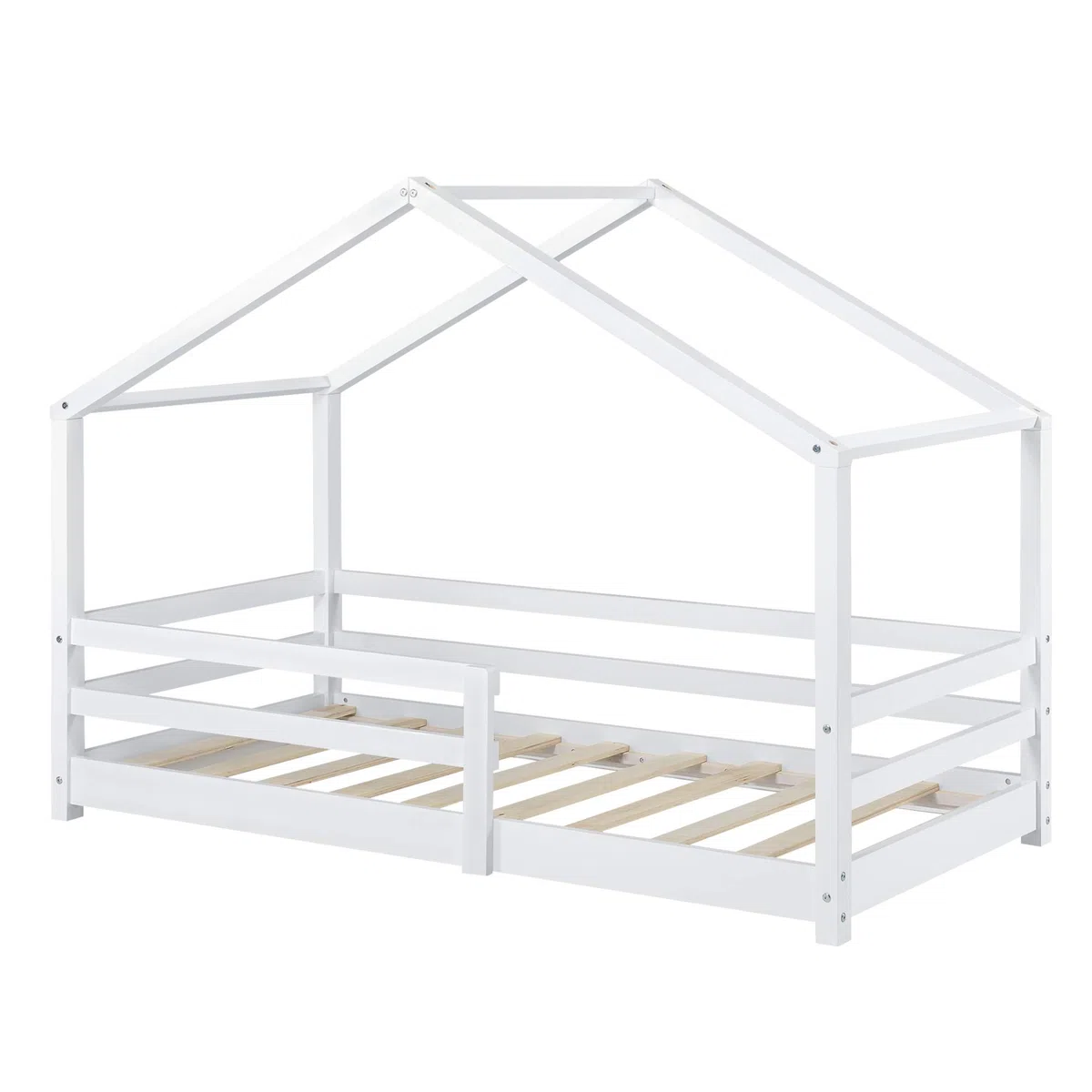 [en.casa] Cama para Niños Knätten Decorativa Cama Infantil con Somier y Reja de Seguridad Estructura en Forma de Casa Estilo Montessori Madera de Pino 70 x 140 cm - Blanco Lacado