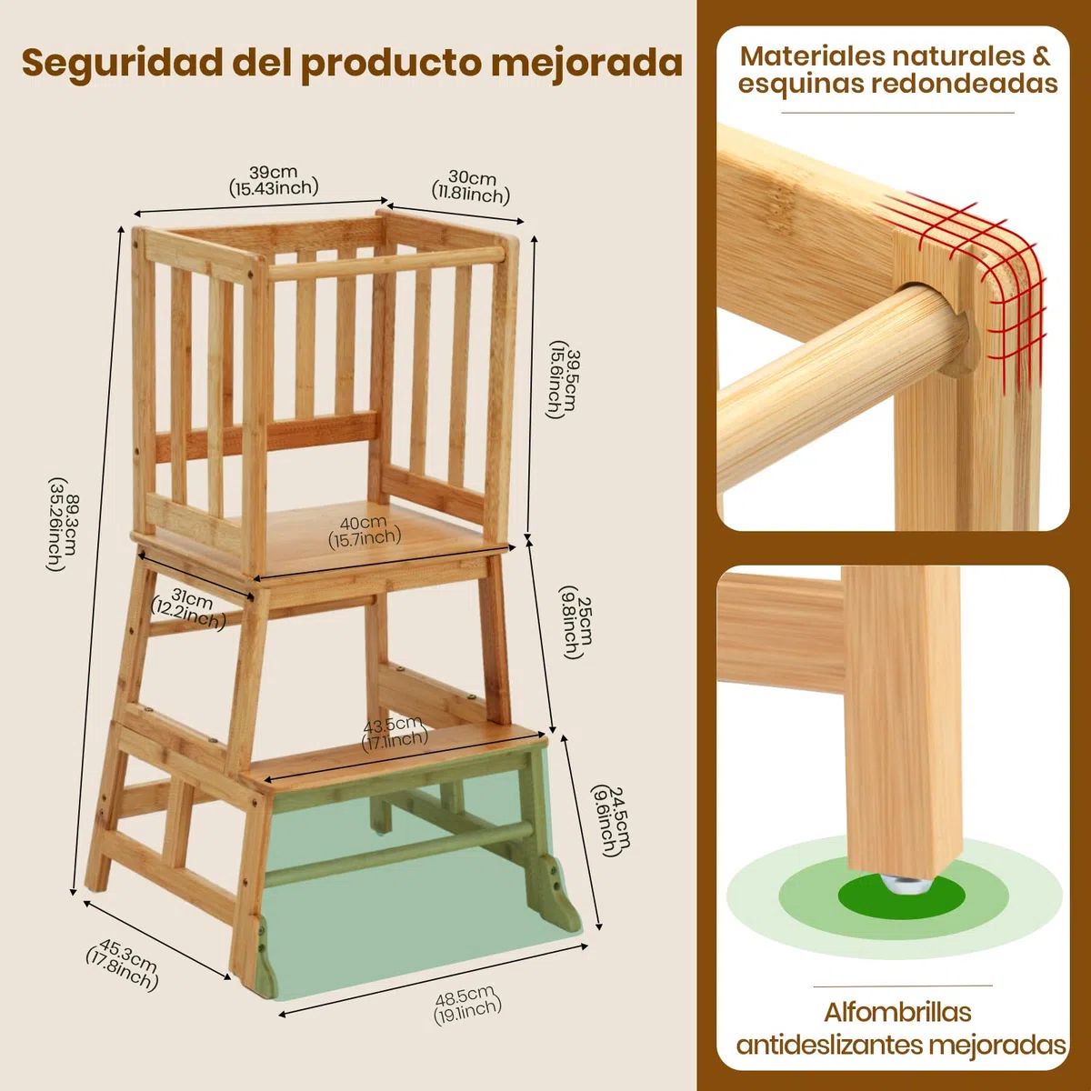COSYLAND Torre de Aprendizaje Desde 18 Meses - Torre Aprendizaje para Niños - Protección Antivuelco y Barra de Seguridad - para Baño, Habitación Infantil y Cocina - Color Bambú