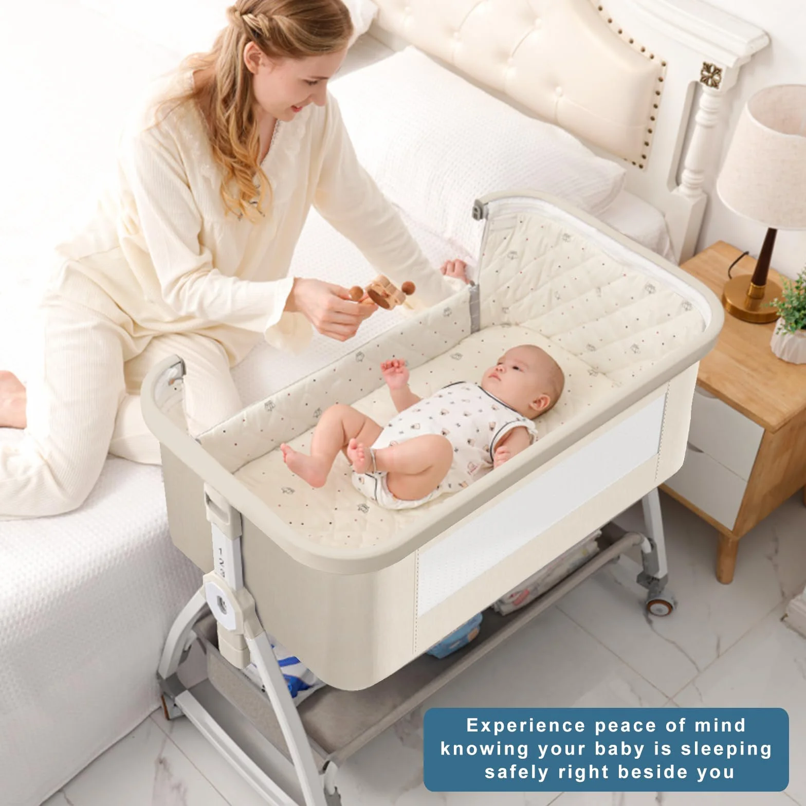 Cuna de Colecho 4 en 1 Convertible en Minicuna | Cuna de Bebé Ajustable en 6 Alturas (0-3 Años) con Colchón,Cambiador,Mosquitera y Cesta de Almacenamiento | para Colocar al Lado de Cama (Beige)