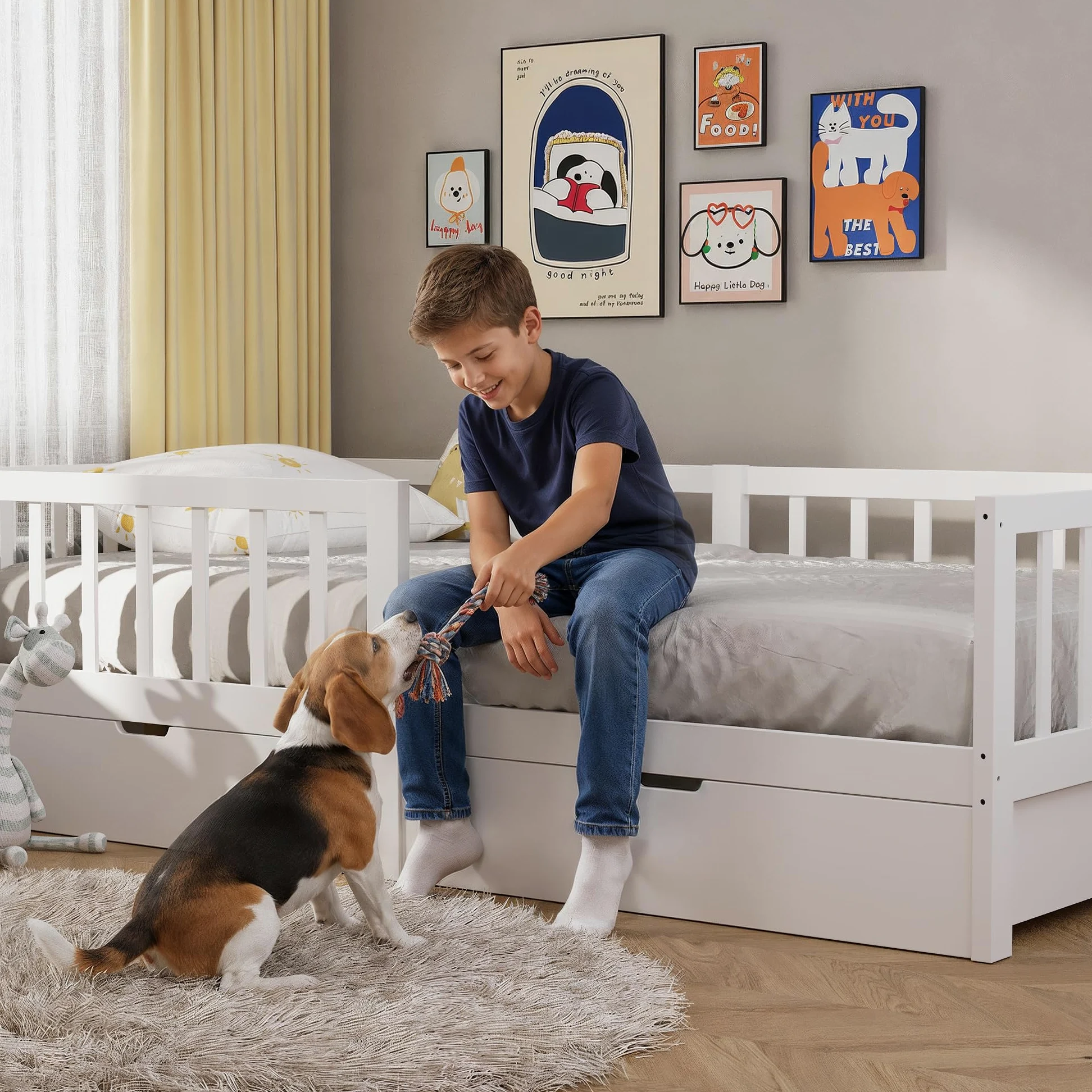 Xbro Cama Infantil 100x200 cm, con Cajones, Barandilla Anti-Caída Completa, Somier Incluido, para Niños y Niñas, Montaje Sencillo, Blanco