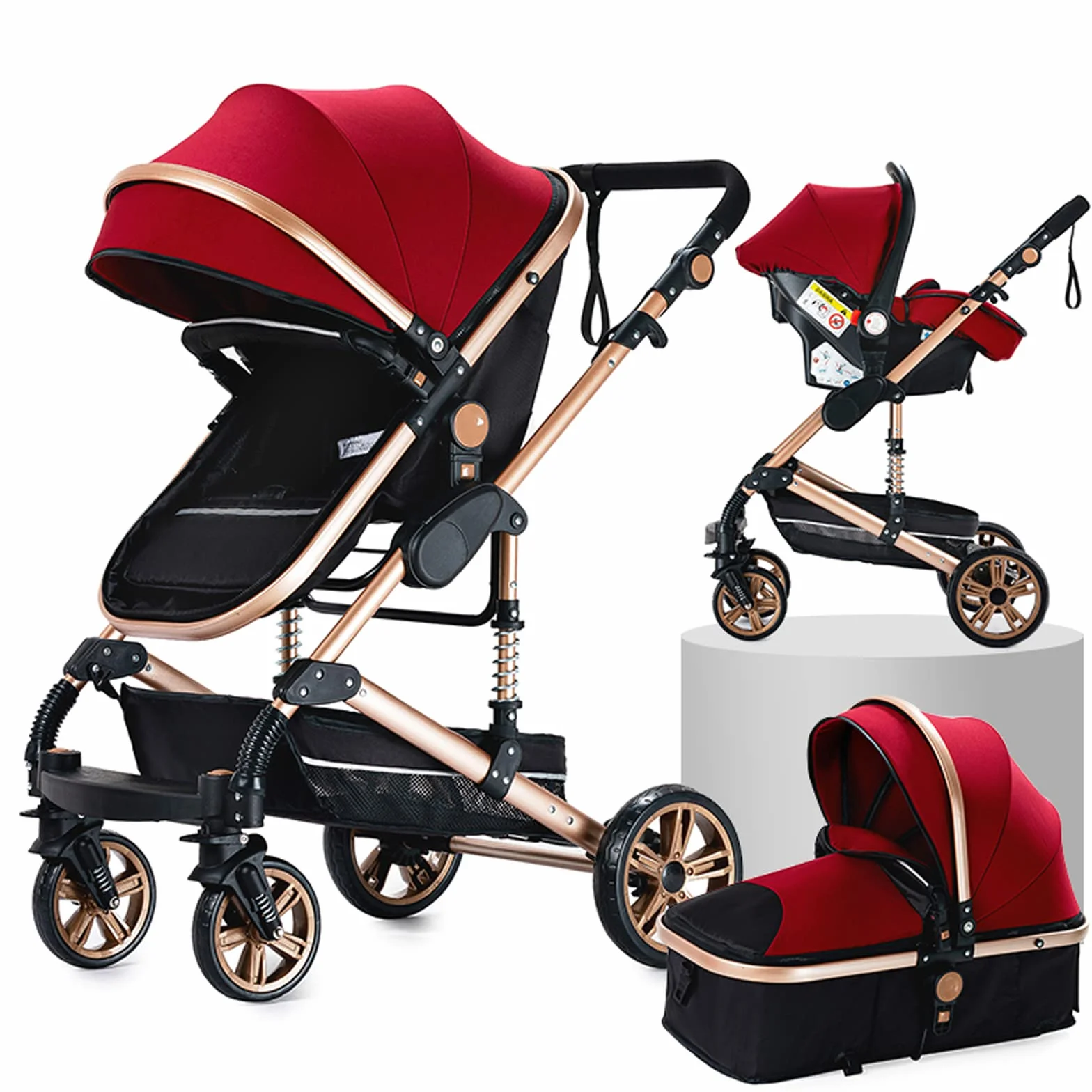 Carrito Bebe 3 en 1, Carrito Bebe con Diseño Portátil Plegable de Un Clic, Carro Bebes 3 Piezas con Empuje Reversible de Dos Vías, Cochecito Tres Piezas con Accesorios (739 Red)
