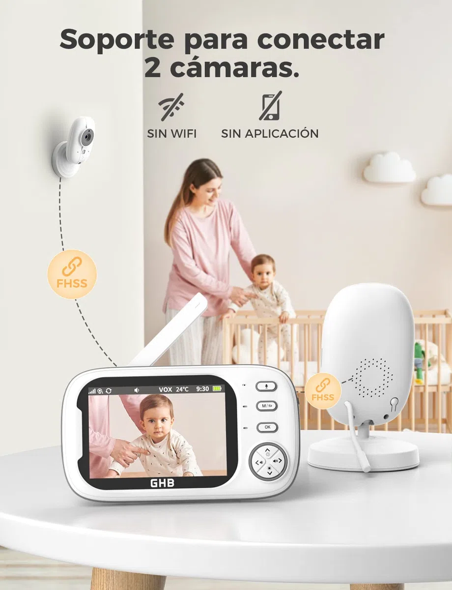 GHB Camara Vigilancia Bebe Vigilabebes con Camara con Pantalla de IPS 3.5" 720P, Batería de 2000mAh Visión Nocturna Comunicación Bidireccional VOX Escucha Bebes