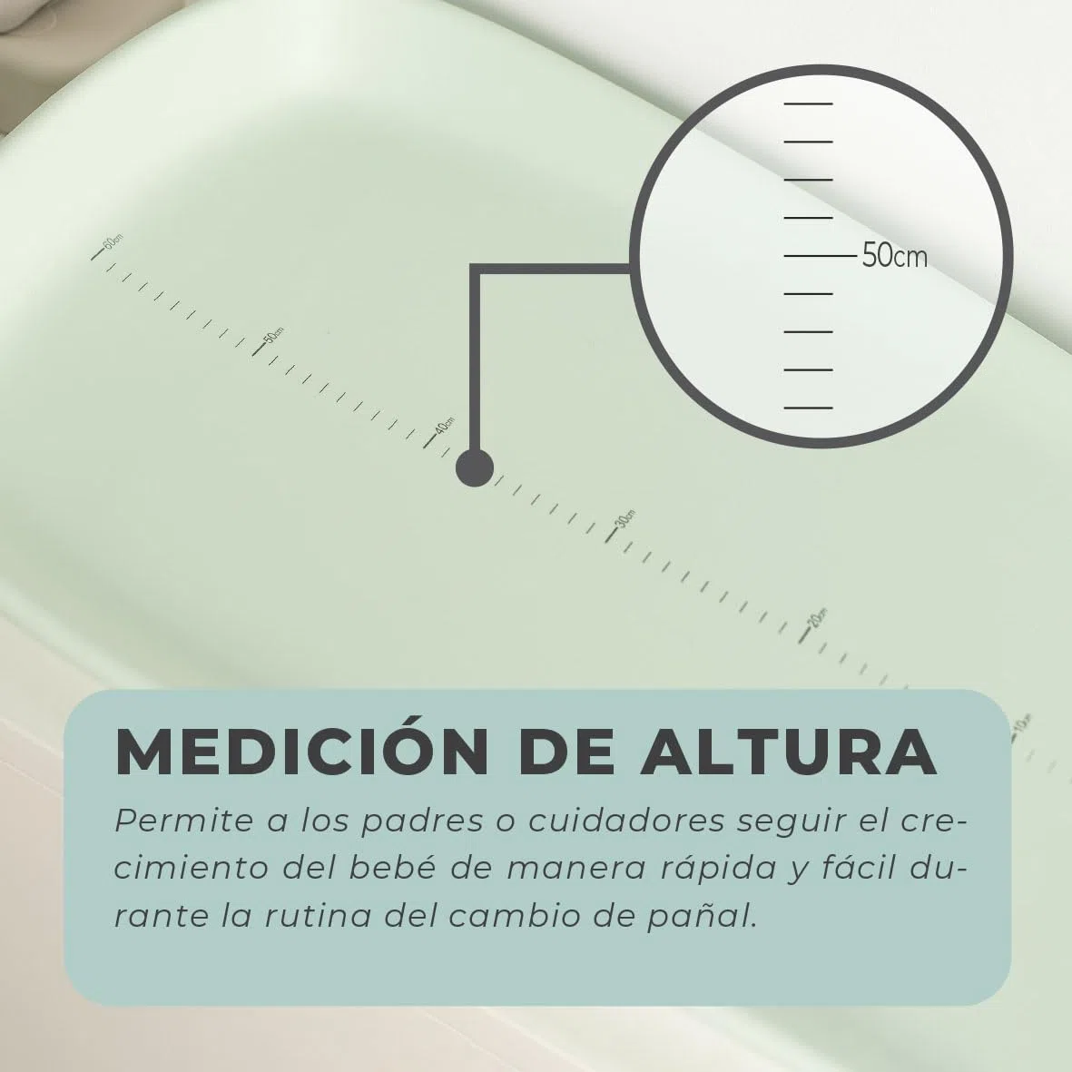 Olmitos - Cambiador de Bebé Antideslizante EVA – Superficie Impermeable, Lateral Elevado, Medidor de Crecimiento, Higiénico y Fácil de Limpiar – 69x44cm | Desde 0m hasta 12 meses (Menta)