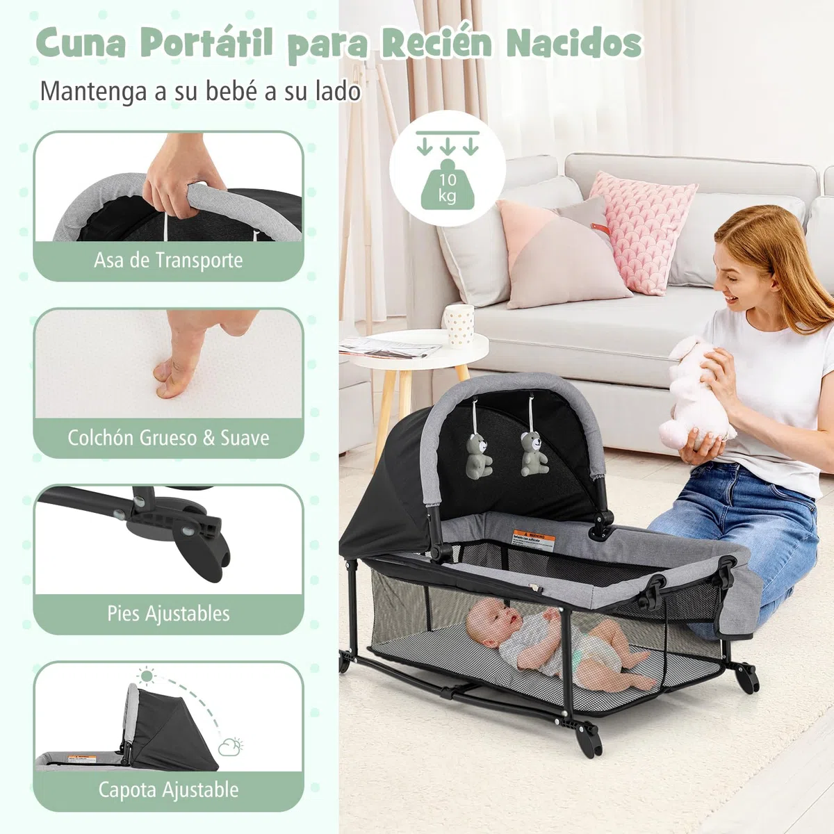 COSTWAY 5 en 1 Cuna de Viaje para Niños, Centro Infantil Portátil con Cuna,Cuna y Cambiador de Pañales, Juego para Bebés y Colchón Extraíble, Cesta de Almacenamiento, 2 Ruedas Bloqueables (Negro)