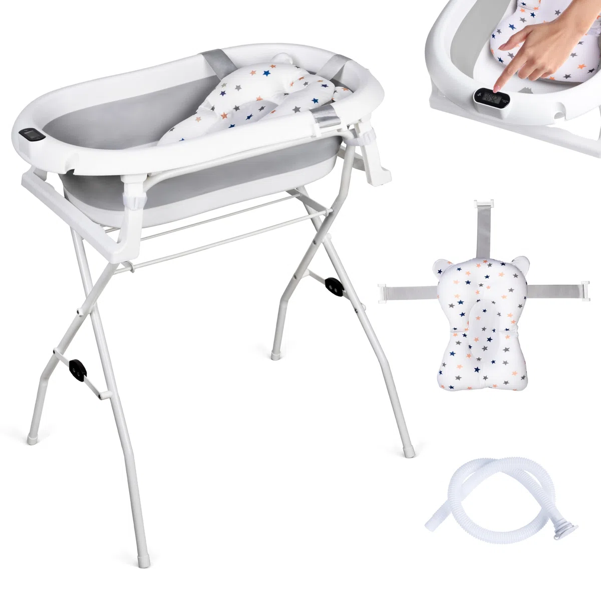 Banheira Bebe con Soporte de 80 cm - Bañera Plegable Bebé con Termómetro y Cojín de Baño - Banheira Bebe con Estructura Segura para tu Bebé - para Recién Nacidos