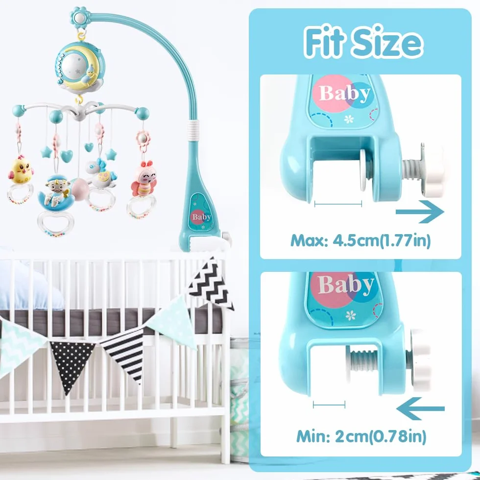 Mini Tudou Móvil para cuna de bebé cuna con musica y luces, función de temporización, Proyección, quitar el sonajero y caja de música, para bebes chicos Niñas pequeñas (azul)