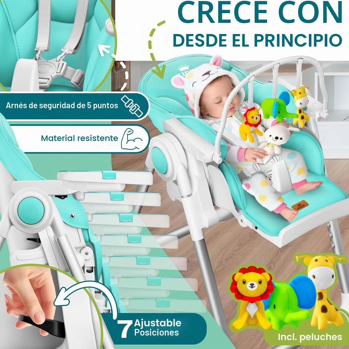 KIDIZ Trona 3 en 1, incluye barra de juegos y tumbona para bebé, asiento alto regulable 7 alturas, respaldo ajustable 0-36 meses