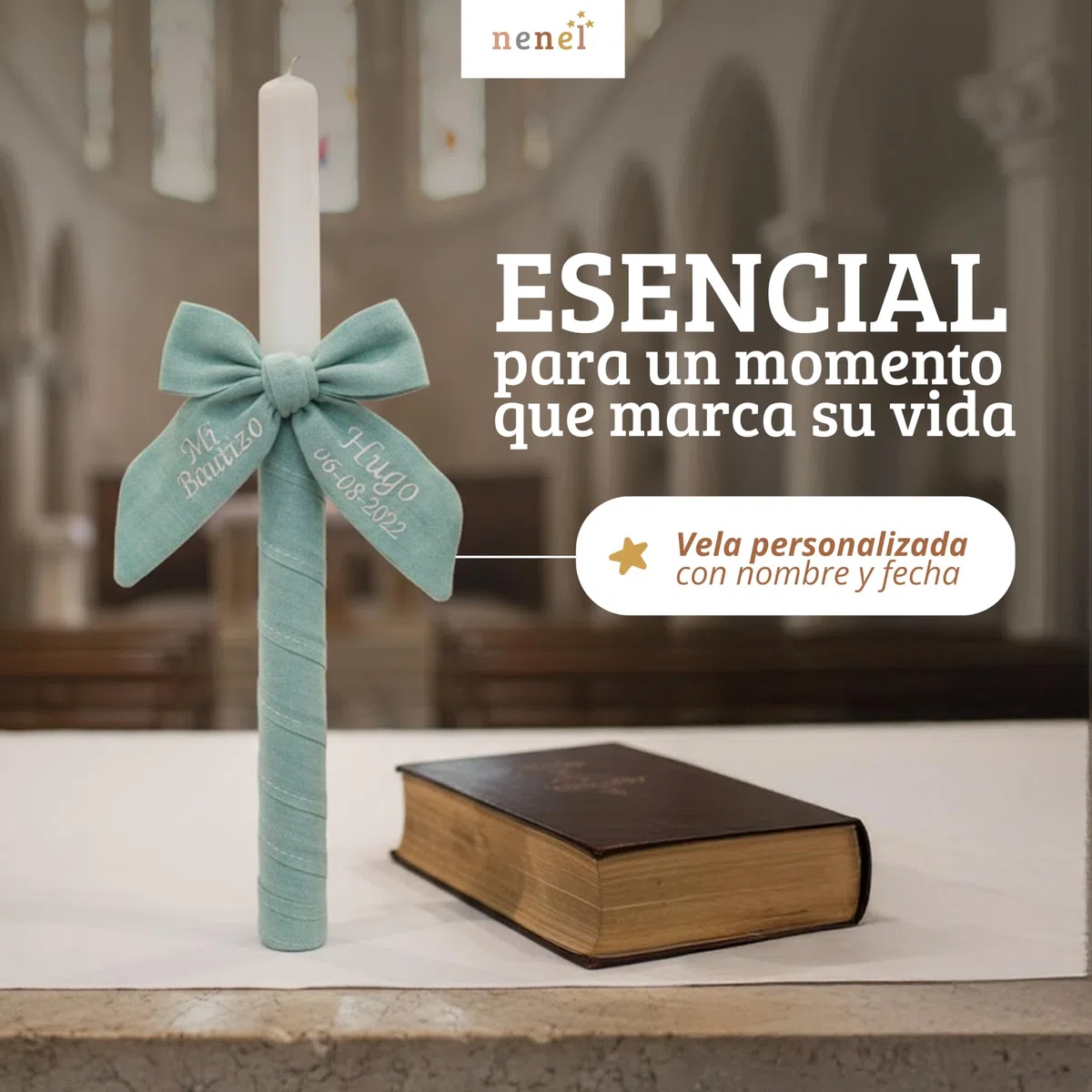 Vela para Bautizo personalizada - Vela Bautismal Personalizable con nombre y fecha – Cirio sacramental decorado - Cirio de Bautizo - Modelo Bambula – Nenel (Verde Menta)