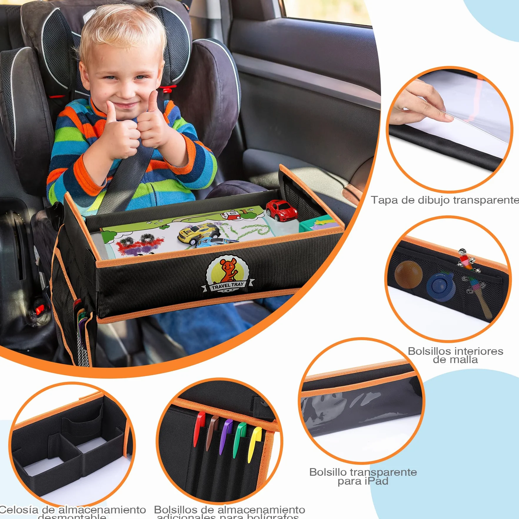 lenbest Mesa de viaje para niños de doble función, bandeja para las rodillas (protección del respaldo del coche) con película transparente, 5 placas de dibujo y 6 lápices de colores, negro/naranja
