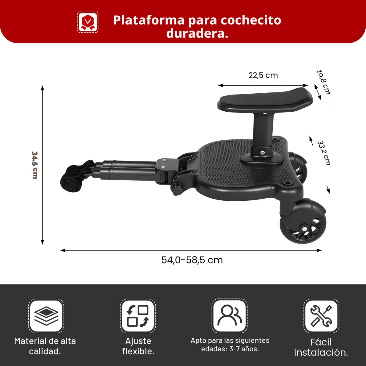 Kiddyboard - Tabla para cochecito de bebé (universal, hasta 25 kg, con asiento para cochecito, tabla de ruedas, tabla de escalones)