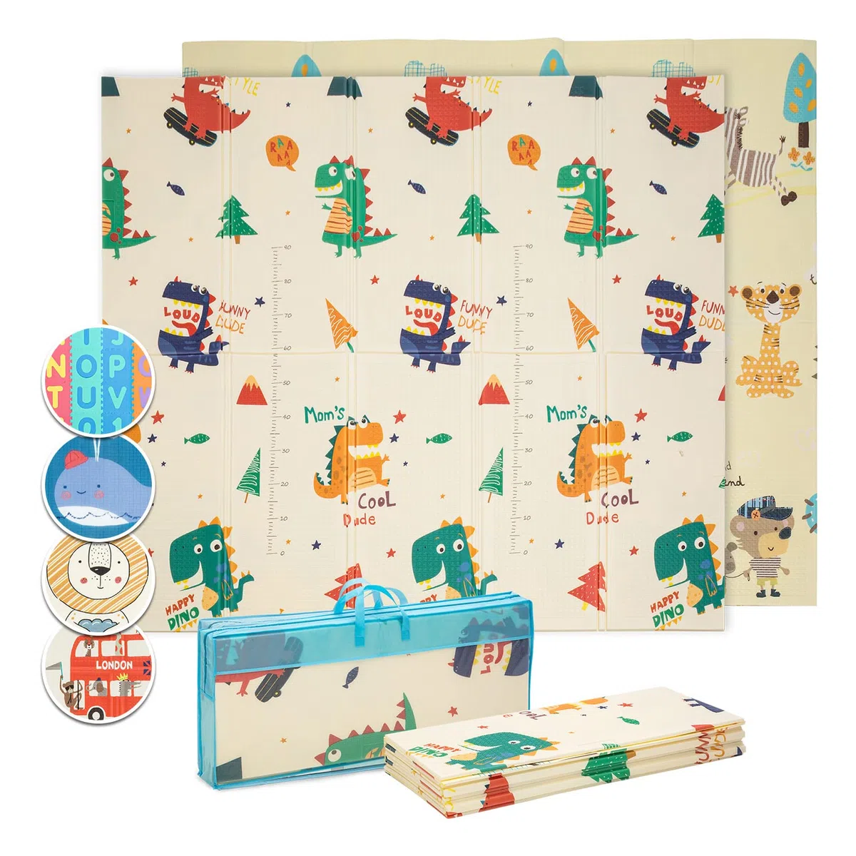 Babify Alfombra de Juegos para Bebé Dino, Colchoneta niños plegable, con bolsa de transporte, tapete impermeable XPE no toxico.