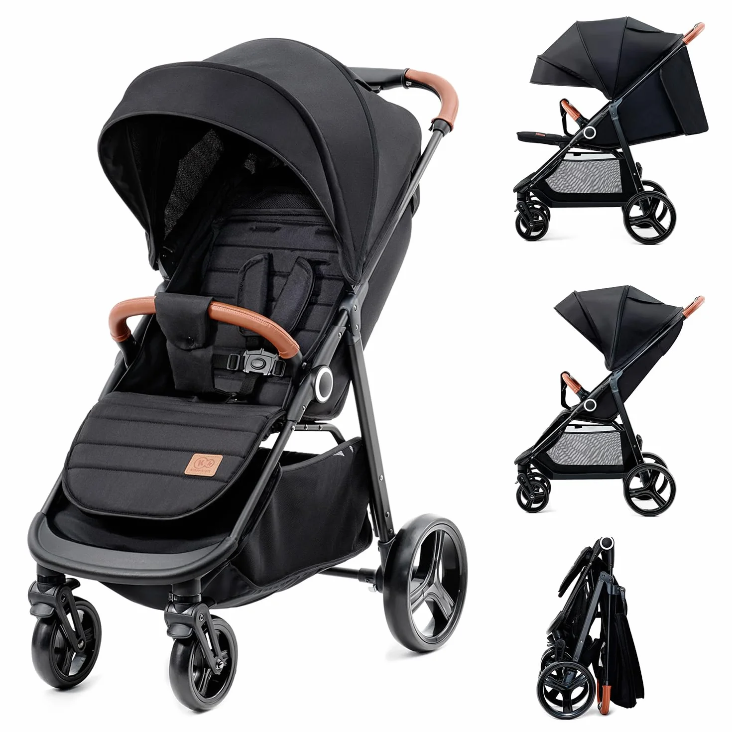 kk Kinderkraft GRANDE PLUS Silla de Paseo ligera desde Nacimiento hasta 22 kg, Plegado con una sola mano, Posición tumbada, Suspensión de todas ruedas, Capota grande XL, Negro