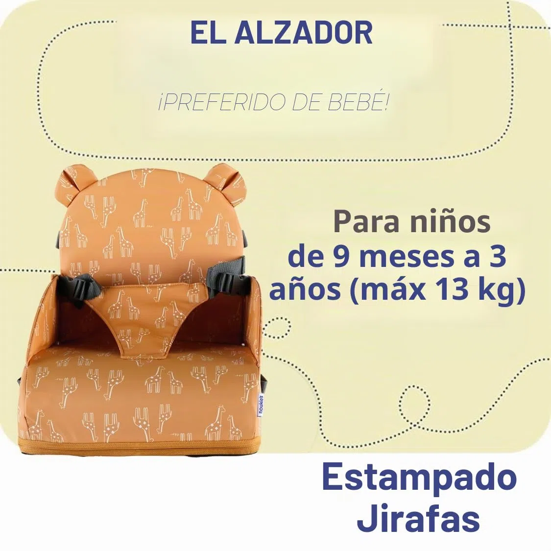 NOUKIE'S – Elevador Ocre bebé de 9 meses a 3 años, silla infantil con respaldo y cojín- Ligero, plegable y nómada, arnés, seguridad, impermeable, extraíble y lavable, máximo 13 kg, ideal para viajar