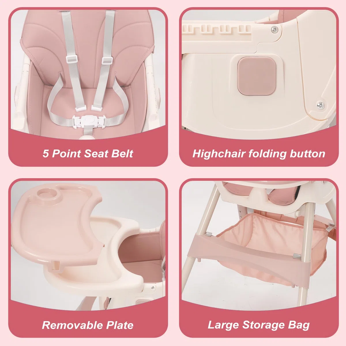 Trona Bebé Evolutiva 3 en 1, Plegable, Reclinable, Doble Bandeja Desmontable, con Ruedas Universales, 3 Respaldos Ajustables y Cinturón de Seguridad de 5 Puntos, Para Bebés a partir de 6 Meses, Rosa