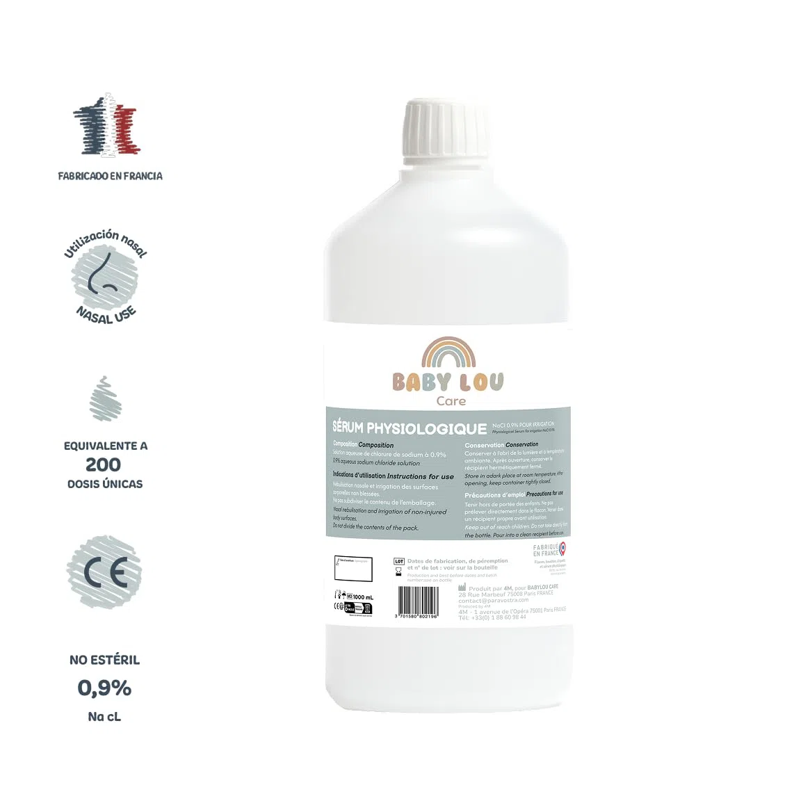Suero Fisiológico Botella 4x1L | NaCl 0,9% | Fabricado en Francia | Lavado de fosas nasales | Higiene de la nariz | Para irración externa