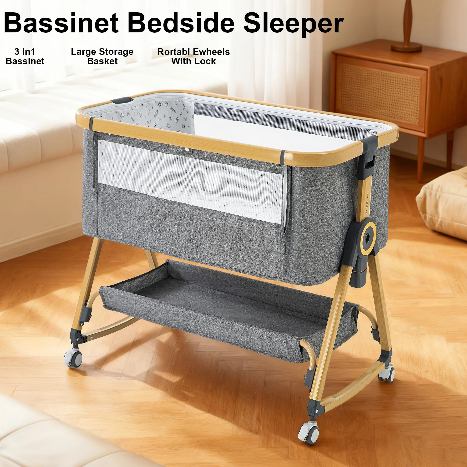 YAZOCO Cuna 3 en 1, Cuna de Colecho, Crib Mecedora, Ajuste de Altura, 4 Ruedas con Freno, Colchón Ergonómico Gris
