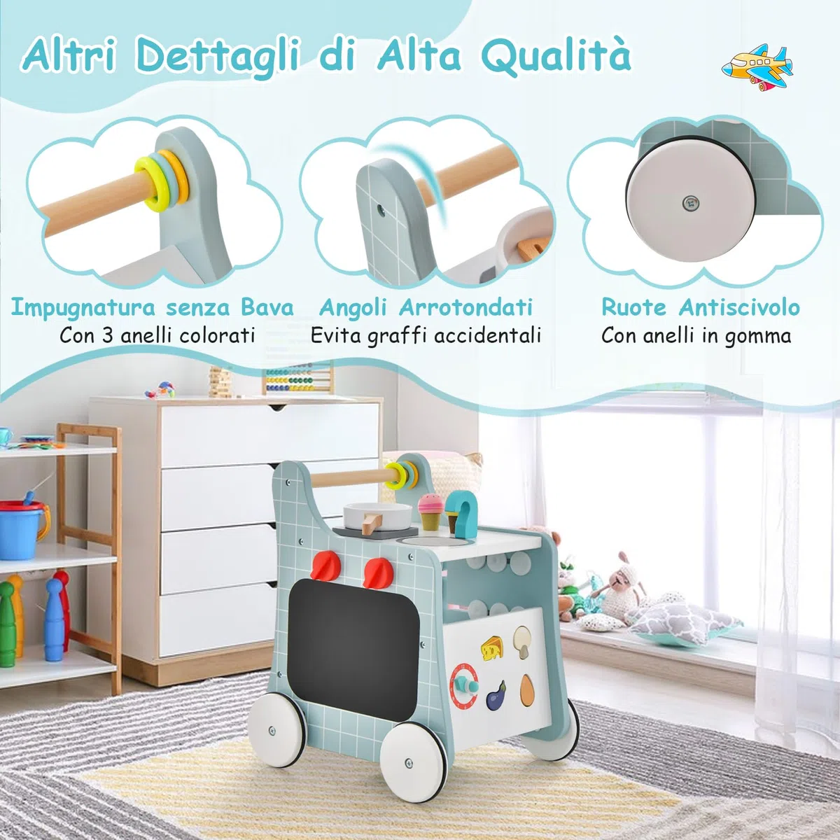 RELAX4LIFE Andador de Madera para Bebés con Accesorios y Ruedas, Carrito de Helados de Juguete Multifuncional, Juguete Montessori, Centro de Actividades para Niños 1+ Año (Azul)