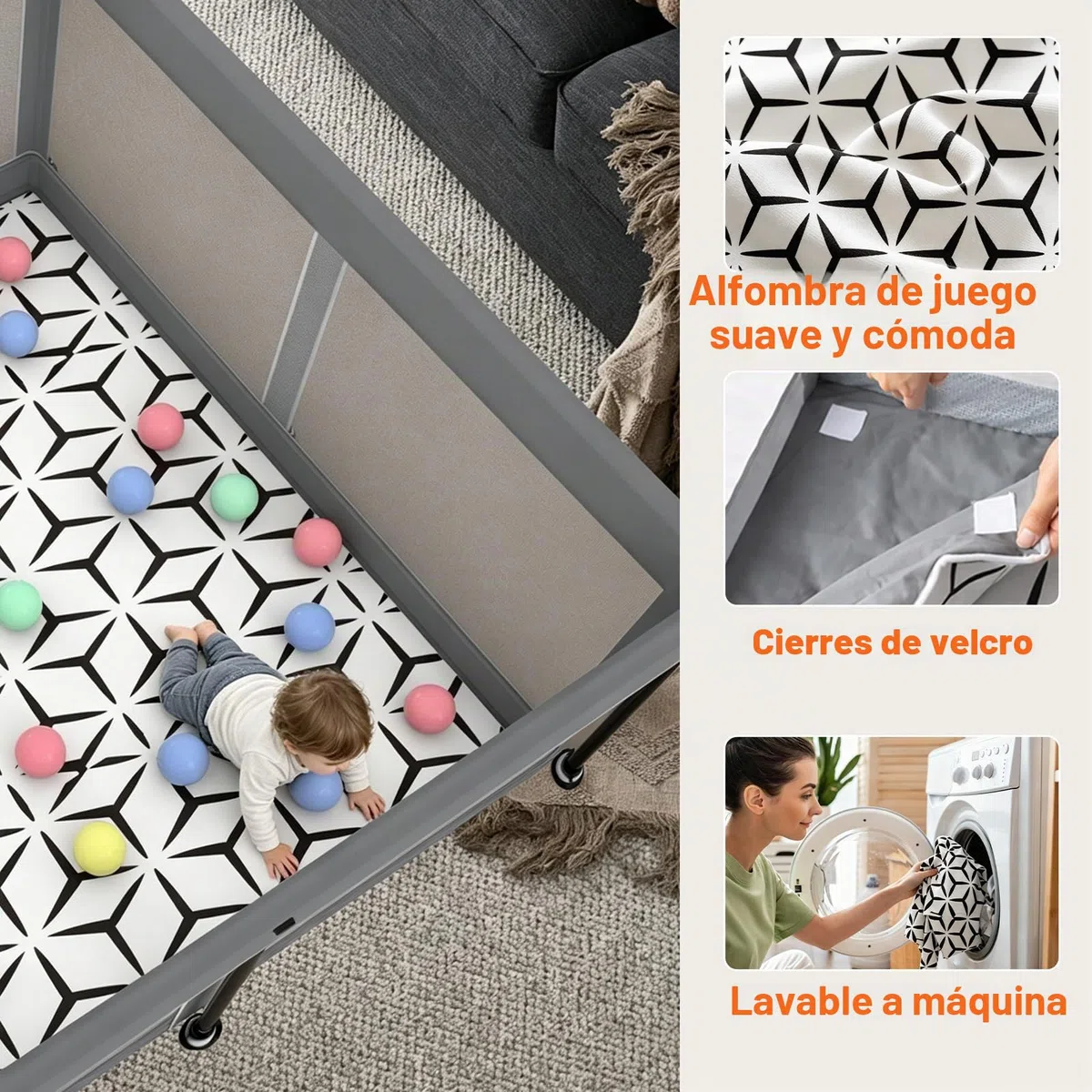 Parque infantil plegable para bebé con alfombrilla - 127x127CM - Parque, montaje rápido, seguro y portátil para interior y exterior (gris)