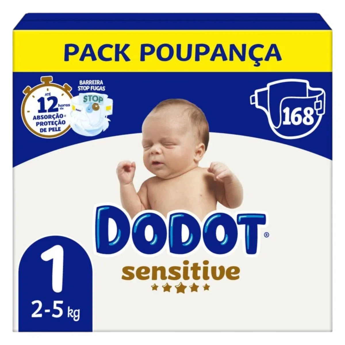 Dodot Pañales Sensitive Talla 1 (2-5 kg), 168 Unidades – Pack Mensual, Protección Suave para Recién Nacido, Absorción Instantánea, Indicador de Humedad, Sin Perfume