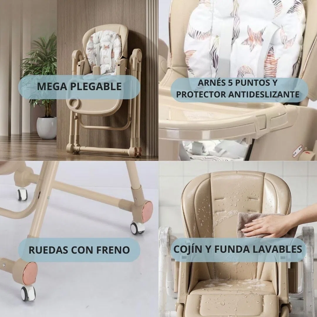 BATHBY Trona Evolutiva 3 en 1 – Plegable y Portátil, con Altura, Reposapiés, Respaldo y Bandeja todo Ajustables, 8 Niveles de Regulación y Sistema de Seguridad, Hasta 6 Años (Marrón)