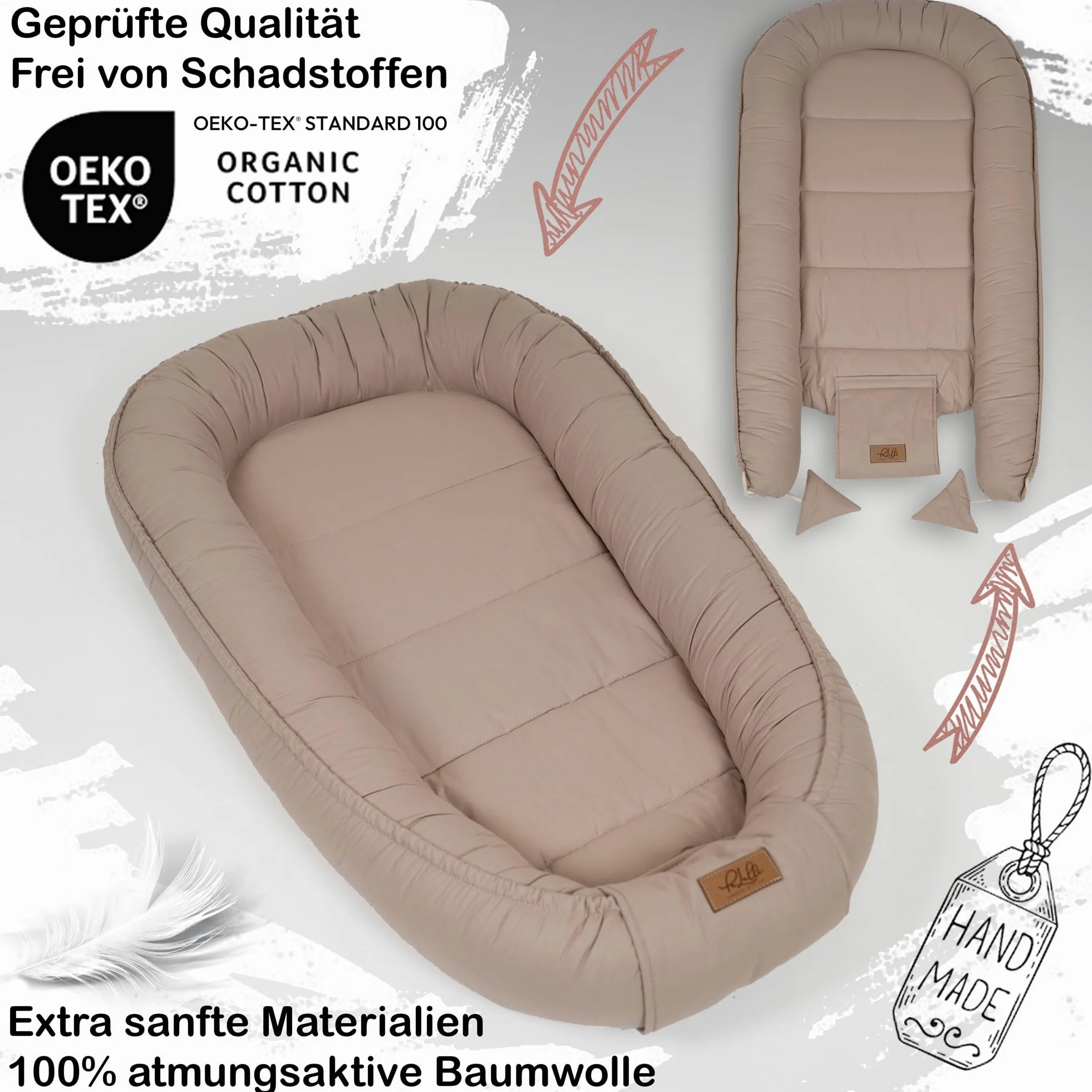 PaLulli® Nido de bebé extragrande, 100 x 60 cm, algodón, reversible, reversible, hecho a mano, transpirable y seguro (marrón)