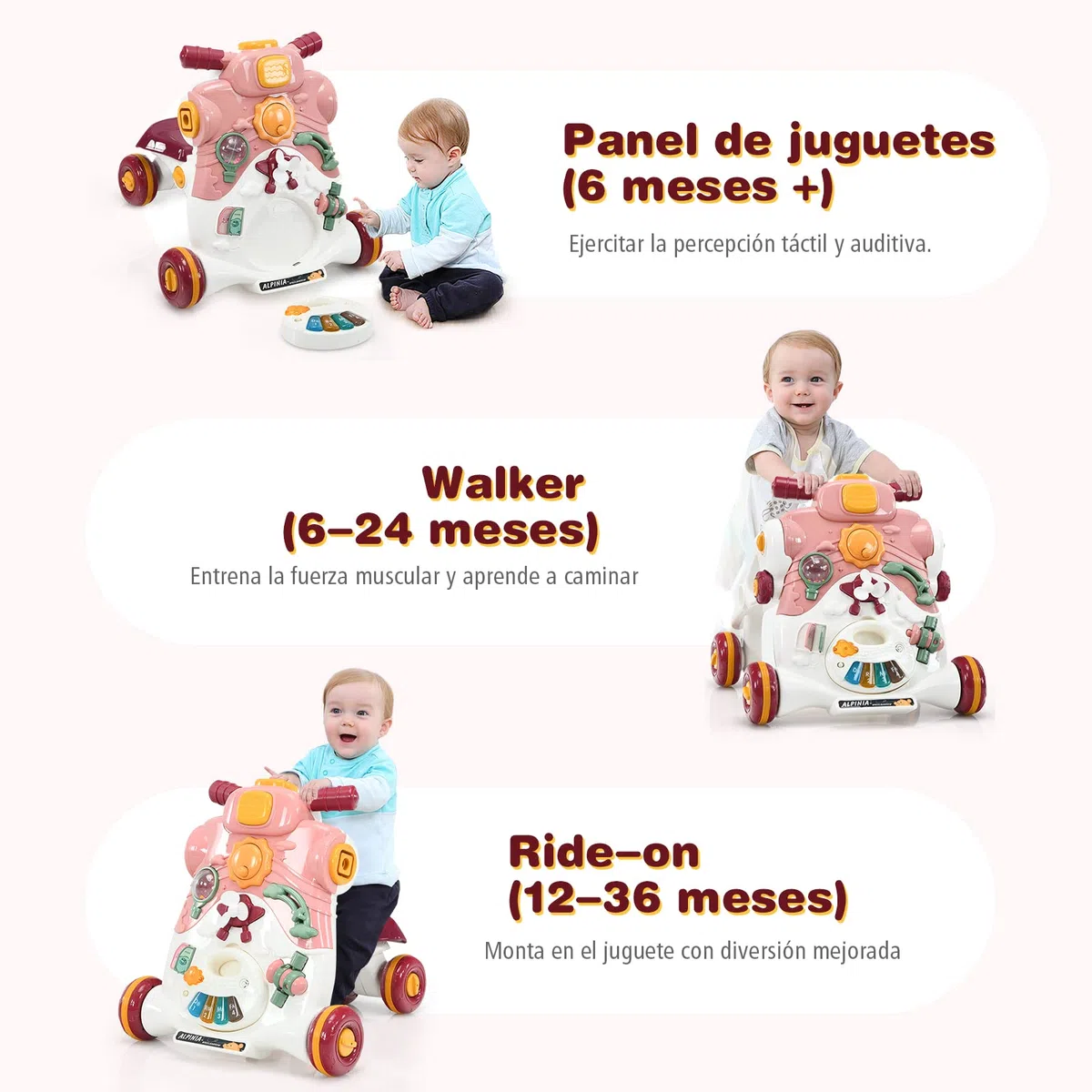 COSTWAY 3 en 1 Andador Bebes, Andador para Bebé con Música,Luces y Ruedas Antideslizantes,Caminador Correpasillo con Tablero de Juguete para Bebé de 6-36 Meses, 56 x 46 x 46 cm (Rosa oscuro)