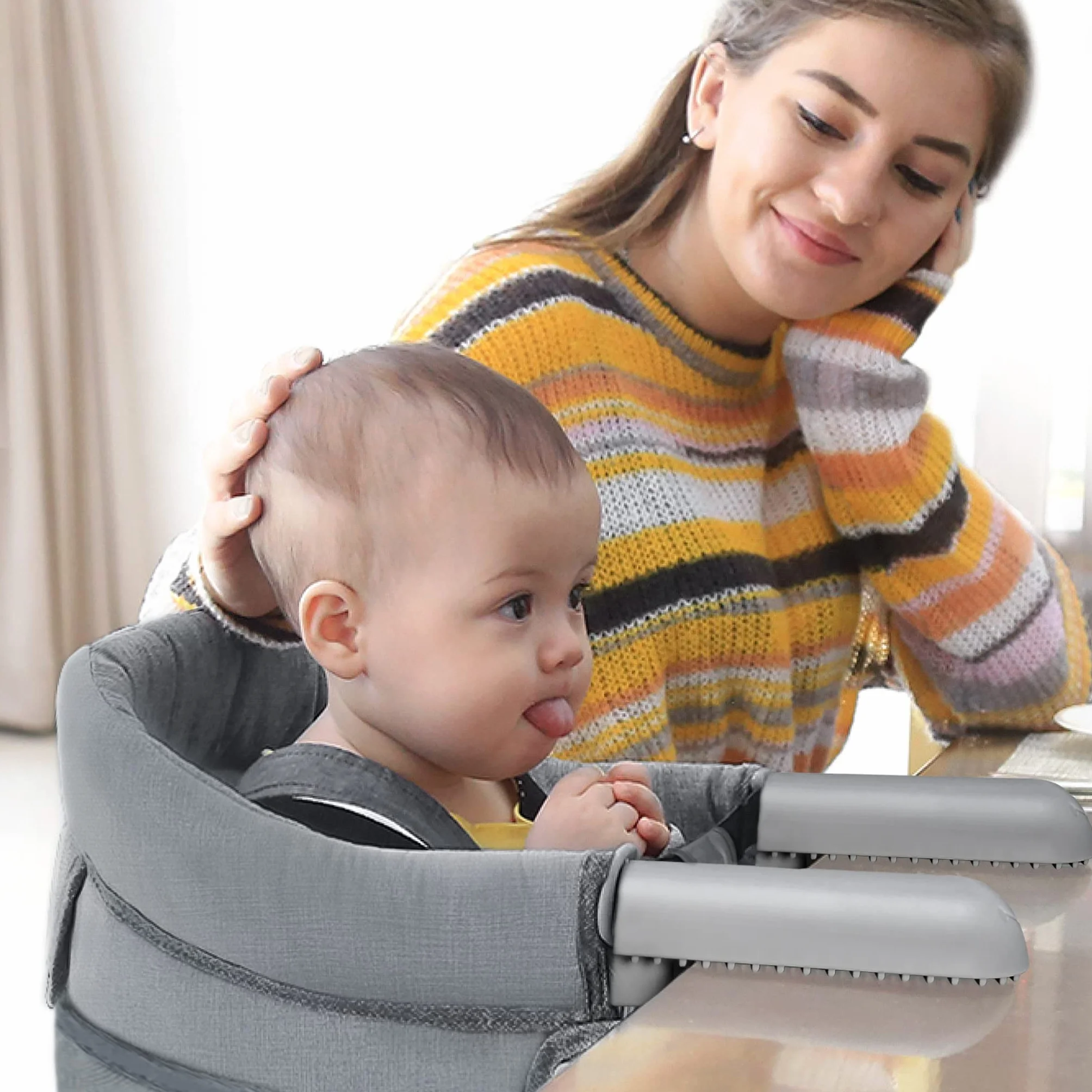 YUENFONG Asiento de mesa plegable para bebés, asiento para bebés con sujeción de deslizamiento y bolsa de asiento (gris)
