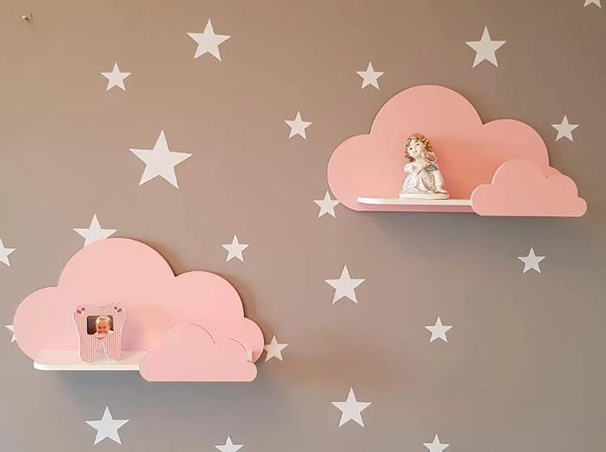 Happy Woody Juego de 2 estantes de Pared Nube para habitación Infantil, Estante Flotante de Madera, decoración de habitación de bebé, habitación Infantil, decoración de Pared, Caja de Regalo (Gris)