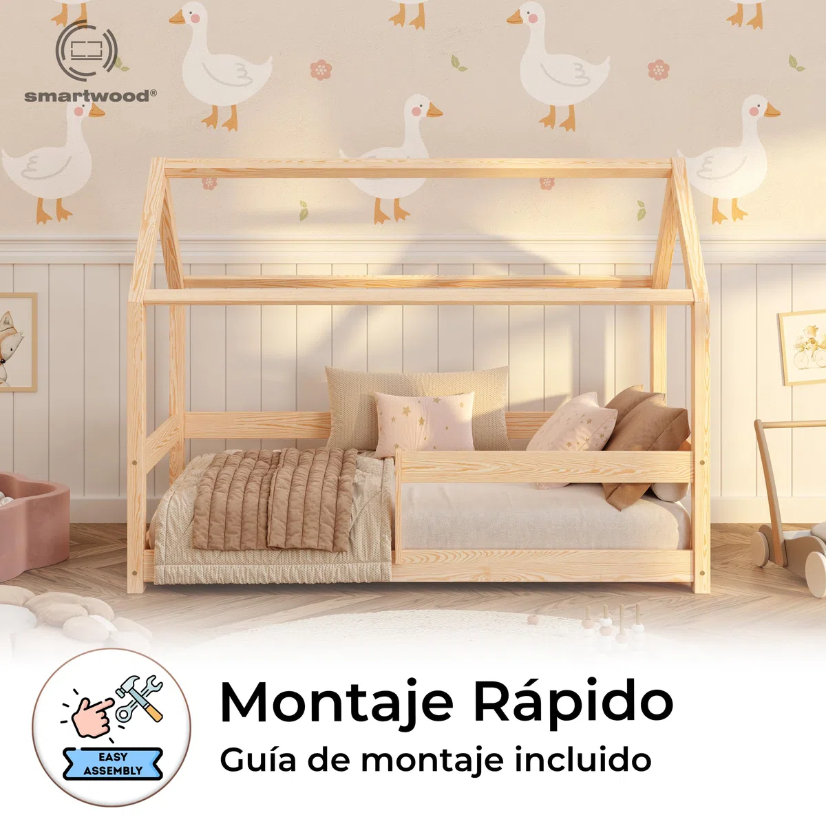 smartwood Cama Casita 90x190 cm de Madera Maciza - Cama Montessori con Barandilla y Somier hasta 230 kg - Diseño Escandinavo - para Niños y Niñas - Montaje Fácil - Milo