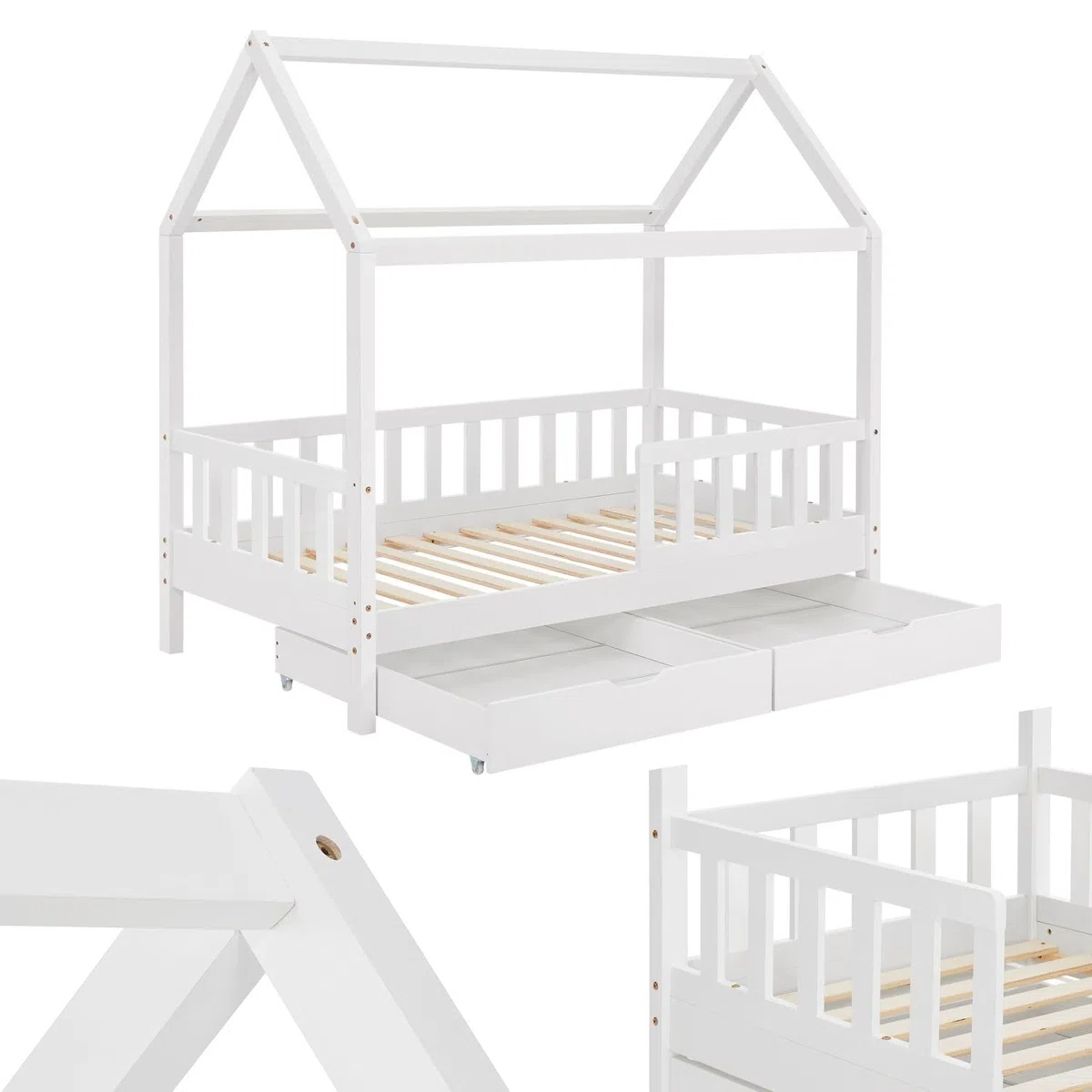 Juskys Cama Infantil Marli 80 x 160 cm con canapé de 2 Piezas, protección anticaída, somier y Techo - Cama de Madera Maciza para niños - Cama en Blanco