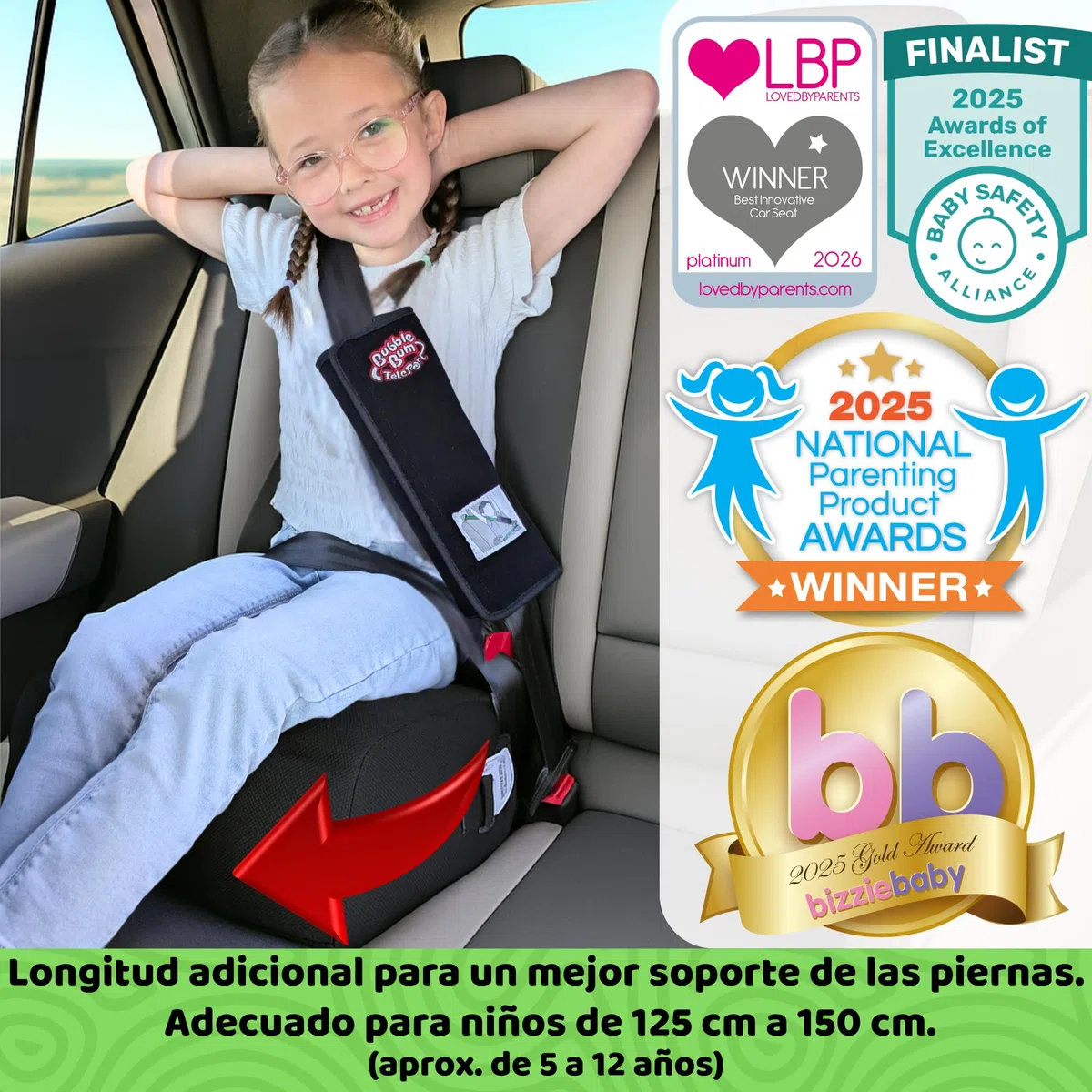 BubbleBum Teleport - Asiento elevador para coche, asiento elevador sin respaldo, asiento telescópico portátil, ideal para uso diario y plegable para viajes, certificado R129, altura de 125 cm a 150 cm