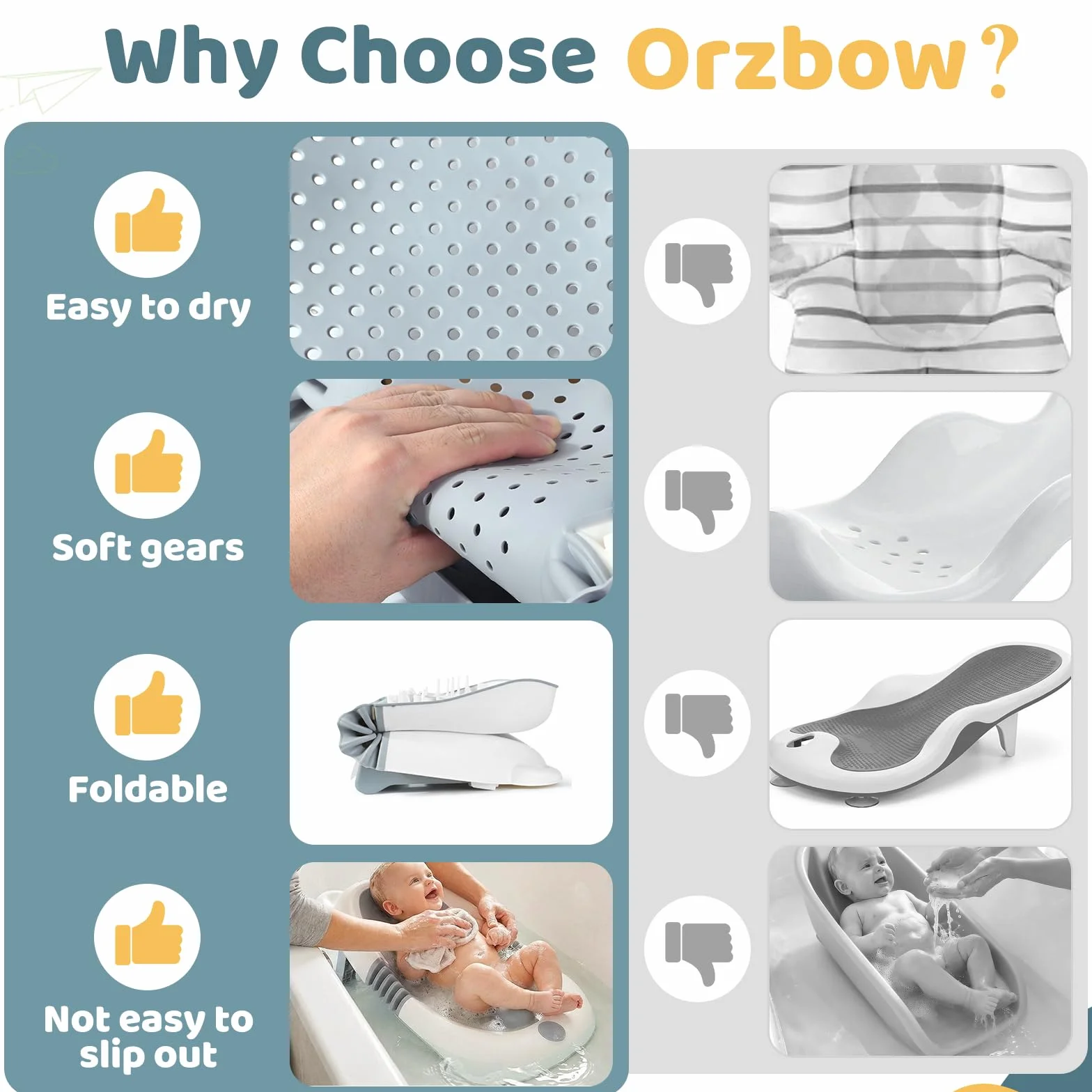 Orzbow Plegable Soporte Bañera Bebe, Estable Soporte Baño Bebe con Estructura Triangular, Base Antideslizante con Ventosas, Tacto Suave, Adecuado para Recién Nacidos, Portátil, Gris