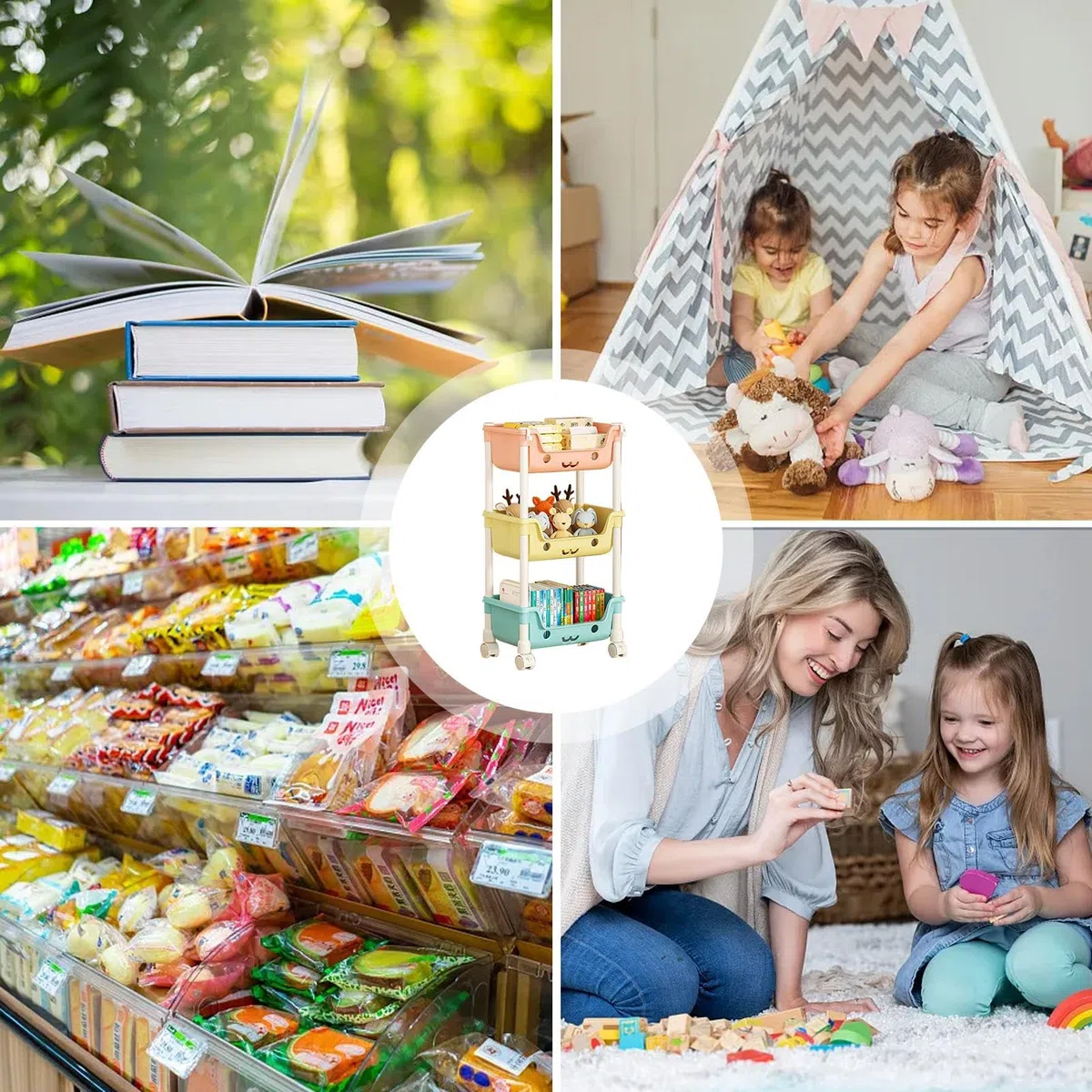 Estantería para juguetes para niños, organización y almacenamiento en la sala de juegos, estantería infantil de varios niveles con ruedas, organizador para niños, contenedor de almacenamiento