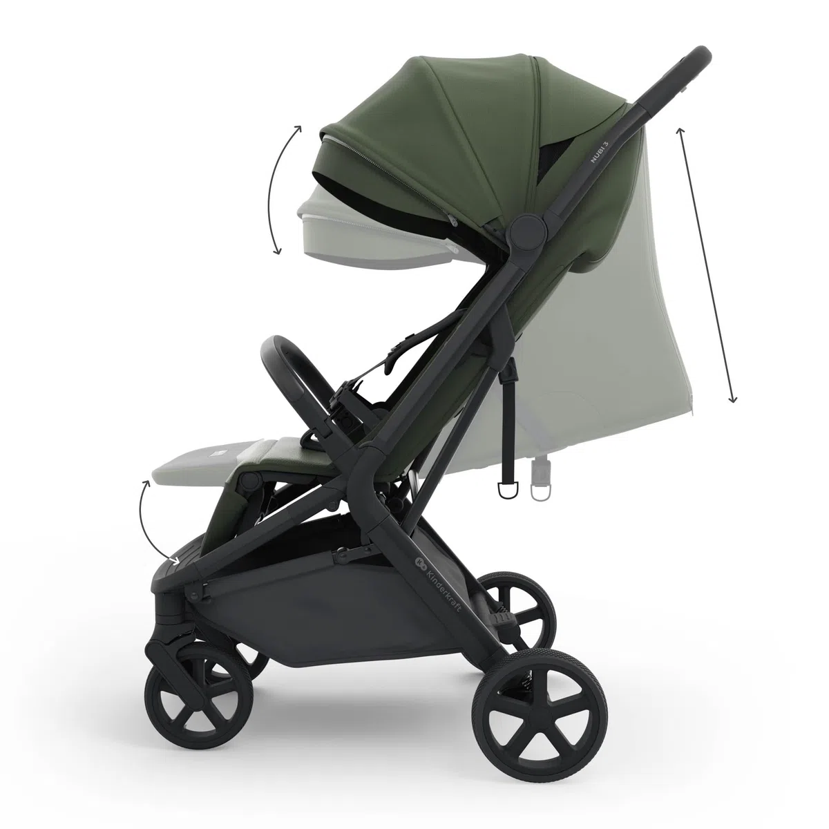 Kinderkraft NUBI 3 Silla de paseo compacta y ligera, hasta 22 kg, Buggy, con plegado automático, capota impermeable, UPF50+, Ligero 8,7 kg, posición reclinada, arnés de seguridad de 5 puntos, Verde