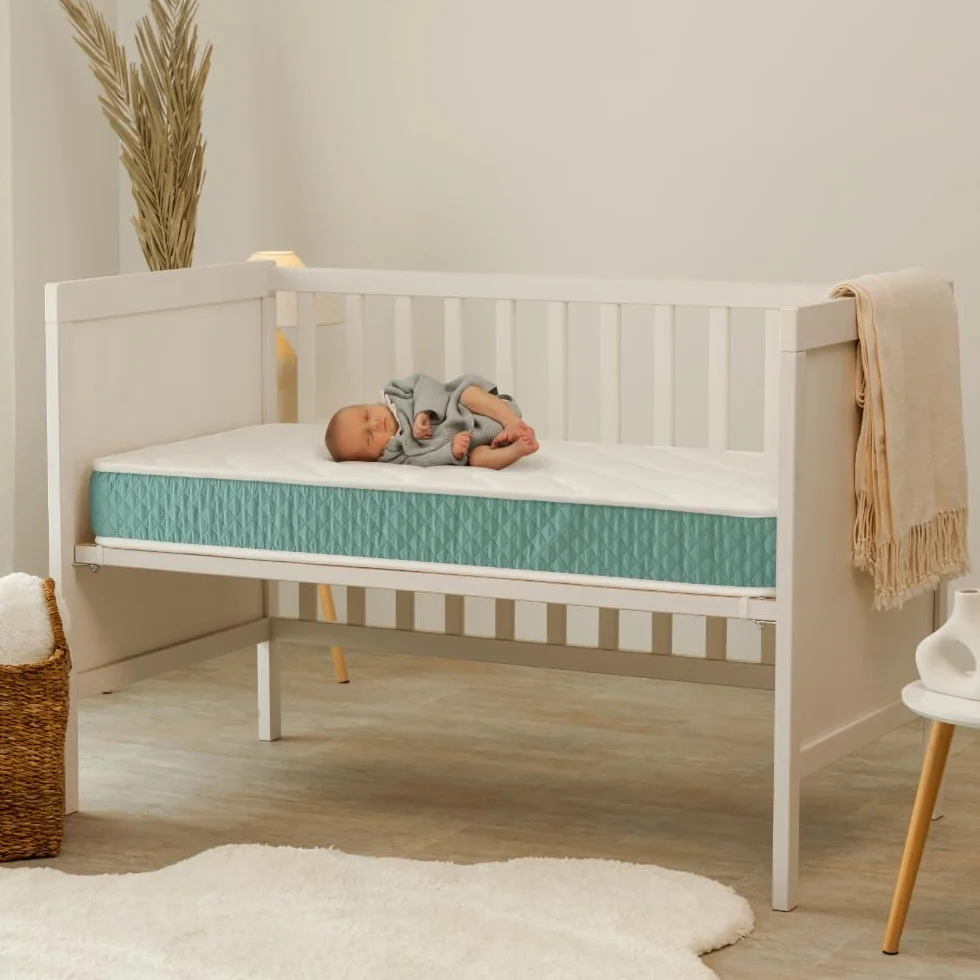 Nalui - Colchón Cuna Viscoelástico 120 x 60 cm Baby One Núcleo HR Adapt Foam, Tejido 3D Transpirable y Tejido Strech Hipoalergénico, Certificado Oeko-Tex® | Hecho en España. Altura ±12cm, Aguamarina