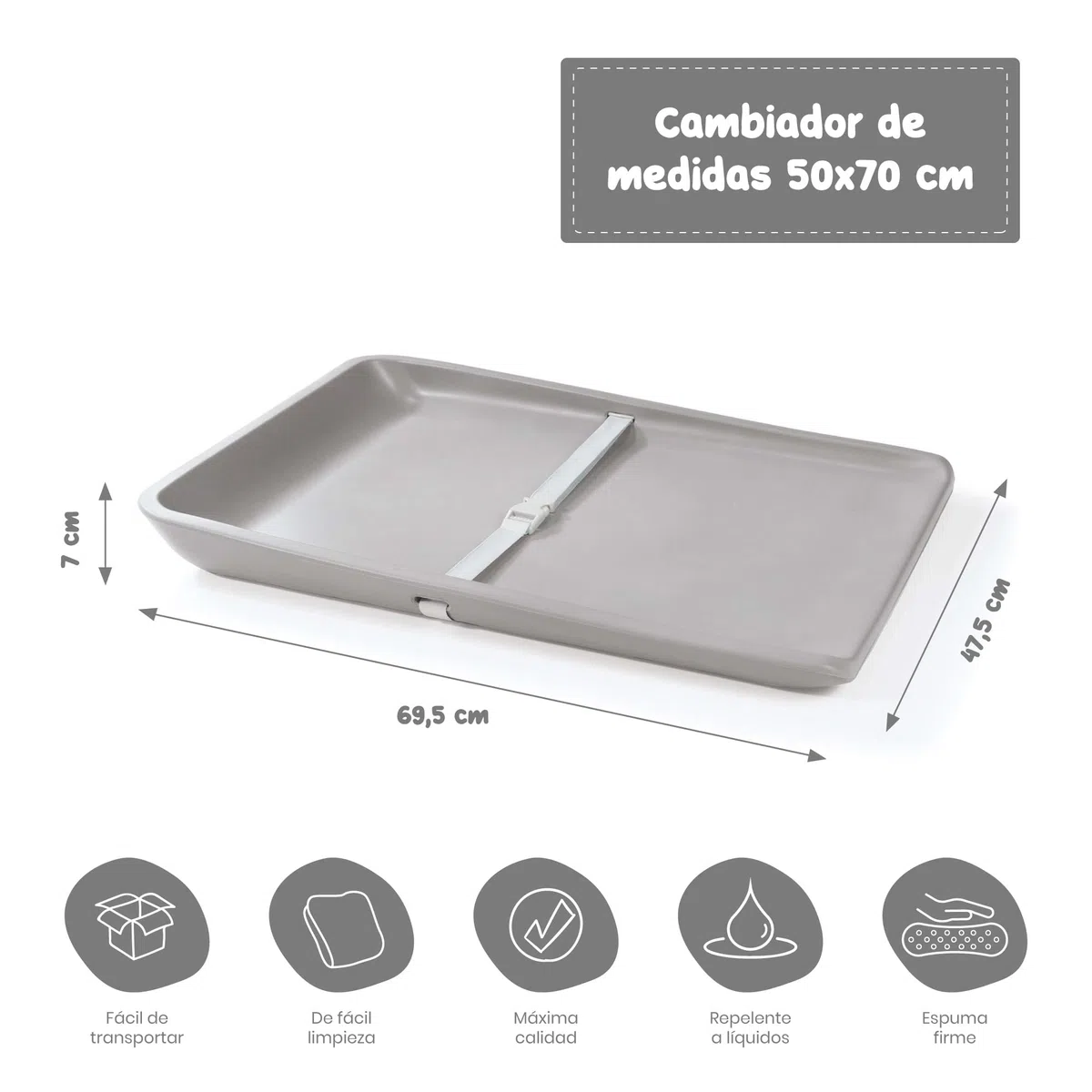 Cambiador Bebe Silicona 50x70 Gris Glenn. Colchoneta con Arnés Seguridad. Colchón espuma 70x50 para Mueble Cambiador Bebe. Muda Fraldas. Alondra